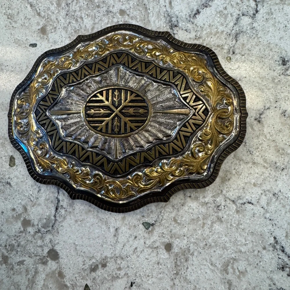 Vintage Crumrine Ornate Heavy Silver Plate on Jeweler Bronze‎ Belt Buckle